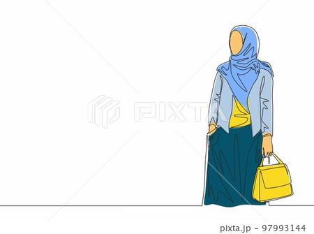 One single line drawing of young attractive happy muslimah wearing veil and holding pocket bag on hand. Beautiful woman in trendy hijab fashion concept continuous line draw design vector illustration One single line drawing of young attractive happy muslimah wearing veil and holding pocket bag on hand. Beautiful woman in trendy hijab fashion concept continuous line draw design vector illustration 97993144
