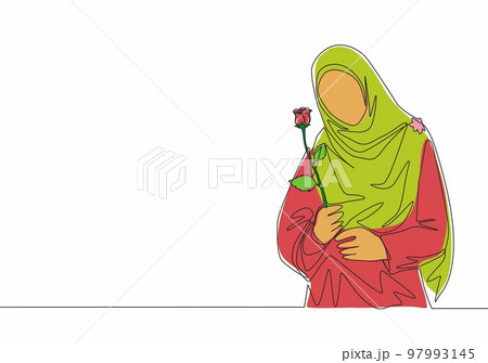 Single continuous line drawing of young happy cute muslimah with headscarf holding a flower rose. Beauty Asian woman model in trendy hijab fashion concept one line draw design vector illustration 97993145