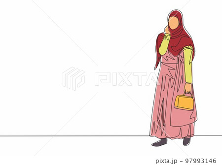 One single line drawing of young happy muslimah bringing little bag and go to shopping. Beautiful Asian woman model in trendy hijab fashion concept continuous line draw design vector illustration One single line drawing of young happy muslimah bringing little bag and go to shopping. Beautiful Asian woman model in trendy hijab fashion concept continuous line draw design vector illustration 97993146
