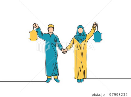 Eid Mubarak poster, banner and greeting card design Single continuous line drawing of young Islamic muslim muslimah couple holding hands and lantern lamp. Eid Al Fitr one line draw vector illustration Eid Mubarak poster, banner and greeting card design Single continuous line drawing of young Islamic muslim muslimah couple holding hands and lantern lamp. Eid Al Fitr one line draw vector illustration 97993232