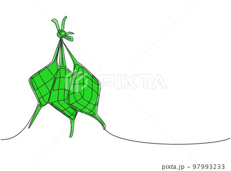 Eid Mubarak greeting card, poster and banner design. One continuous line drawing of ketupat, local rice dumpling food from Indonesia and Malaysia. Eid Al Fitr single line draw vector illustration Eid Mubarak greeting card, poster and banner design. One continuous line drawing of ketupat, local rice dumpling food from Indonesia and Malaysia. Eid Al Fitr single line draw vector illustration 97993233