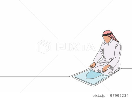 Single continuous line drawing of young muslim person pray on sajadah in traditional Arab clothing. Ramadan Kareem and Eid Mubarak greeting card concept one line draw design vector illustration Single continuous line drawing of young muslim person pray on sajadah in traditional Arab clothing. Ramadan Kareem and Eid Mubarak greeting card concept one line draw design vector illustration 97993234