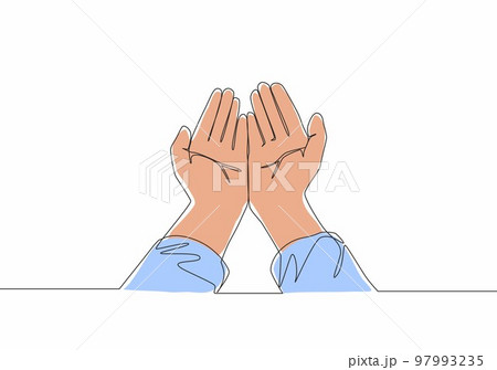 Single continuous line drawing of muslim person open and raise hands praying to God. Islamic holy day Ramadan Kareem and Eid Mubarak greeting card concept one line draw design vector illustration Single continuous line drawing of muslim person open and raise hands praying to God. Islamic holy day Ramadan Kareem and Eid Mubarak greeting card concept one line draw design vector illustration 97993235