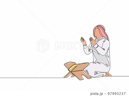 One continuous line drawing of young muslim person raise and open hands praying behind quran. Islamic holy day Ramadan Kareem and Eid Mubarak pray concept single line draw design vector illustration One continuous line drawing of young muslim person raise and open hands praying behind quran. Islamic holy day Ramadan Kareem and Eid Mubarak pray concept single line draw design vector illustration 97993237