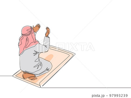One continuous line drawing of muslim person raise and open hands praying on sajadah, from rear view. Islamic Ramadan Kareem and Eid Mubarak pray concept single line draw design vector illustration One continuous line drawing of muslim person raise and open hands praying on sajadah, from rear view. Islamic Ramadan Kareem and Eid Mubarak pray concept single line draw design vector illustration 97993239