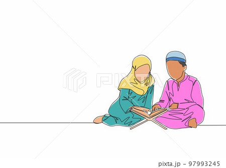 One continuous line drawing of muslim and muslimah kids reading and recite Quran. Islamic holy day Ramadan Kareem and Eid Mubarak greeting card concept single line draw design vector illustration One continuous line drawing of muslim and muslimah kids reading and recite Quran. Islamic holy day Ramadan Kareem and Eid Mubarak greeting card concept single line draw design vector illustration 97993245