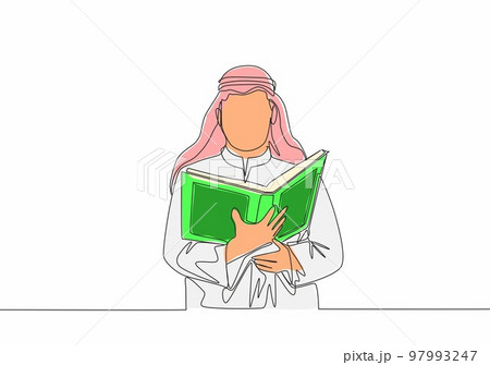 Single continuous line drawing of young muslim person reading and recite Quran in traditional Arab cloth. Islamic holy day Ramadan Kareem greeting card concept one line draw design vector illustration Single continuous line drawing of young muslim person reading and recite Quran in traditional Arab cloth. Islamic holy day Ramadan Kareem greeting card concept one line draw design vector illustration 97993247