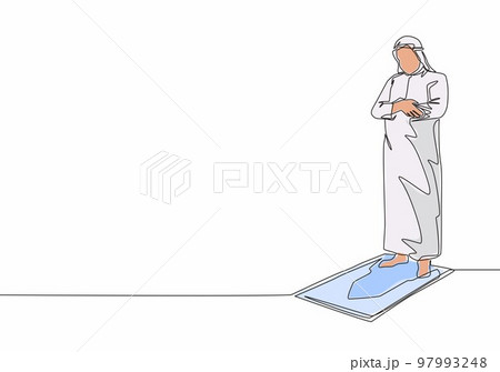 One single line drawing of young muslim person pray salat on sajadah in shmag traditional Arab cloth. Ramadan Kareem and Eid Mubarak pray concept continuous line draw design vector illustration One single line drawing of young muslim person pray salat on sajadah in shmag traditional Arab cloth. Ramadan Kareem and Eid Mubarak pray concept continuous line draw design vector illustration 97993248
