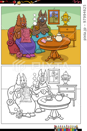 cartoon senior dogs couple at home coloring page 97994625