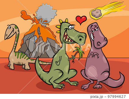 cartoon dinosaurs in love during meteorite fall disaster 97994627