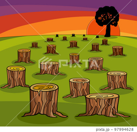 cartoon illustration of cut forest and last tree 97994628