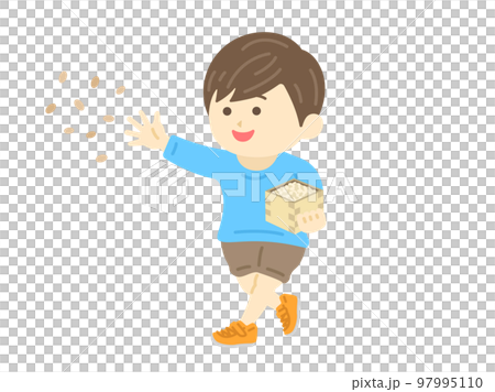 Illustration of a boy throwing beans on Setsubun Illustration of a boy throwing beans on Setsubun 97995110