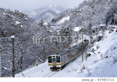 雪の211系と谷川岳 97995713