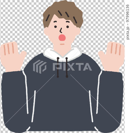 A man wearing a hoodie who raises his hands and is surprised 97996136