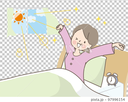 朝スッキリ目覚めて伸びをするミドル女性 97996154