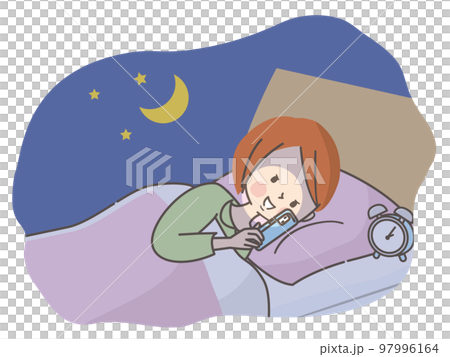 Illustration of a woman looking at a smartphone in bed at night Illustration of a woman looking at a smartphone in bed at night 97996164