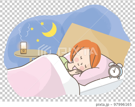ベットでぐっすり眠る女性のイラスト素材 97996165