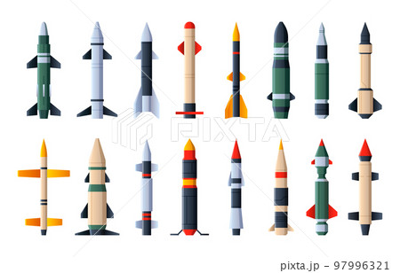 Missiles collection. Military aircraft weapon with warhead, explosive missilery ballistic rocket and artillery projectile, wartime army equipment. 97996321