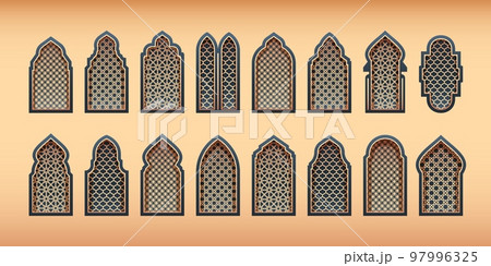 Ornamental arabic windows. Traditional islamic arch silhouettes with oriental arabesque motif pattern, vintage decorative architecture frame 97996325