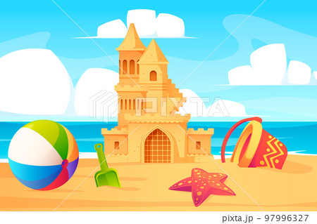 Sand castle on the beach. Cartoon summer seaside landscape with children sandpit toys towers bucket shovel, kids seashore activity. Vector background 97996327