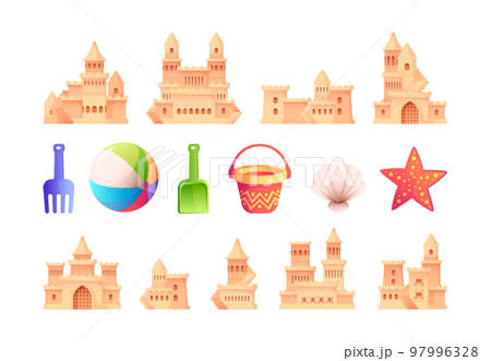 Sand castle building set. Summer beach kids sandpit with towers toy bucket ball shell shovel, cartoon building fortress on seaside. Vector collection Sand castle building set. Summer beach kids sandpit with towers toy bucket ball shell shovel, cartoon building fortress on seaside. Vector collection 97996328