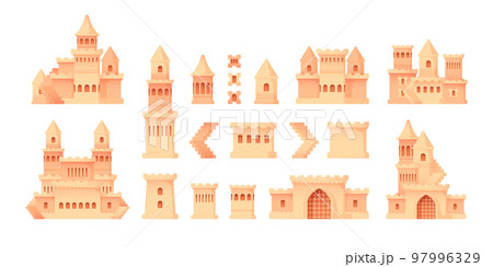 Sand castle parts. Cartoon kids fortress constructions on the beach, building house sandcastle constructor summer season. Vector isolated set 97996329