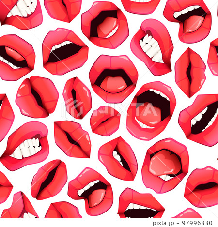 Red lips pattern. Seamless print of cartoon woman puffy mouth with tongue and teeth, sensual girl smile background for wrapping paper textile. Vector texture 97996330