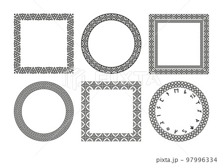 Nordic rune frames. Set of scandinavian futhark decorative borders with runic symbols, ornamental celtic viking north traditional motif. Vector collection Nordic rune frames. Set of scandinavian futhark decorative borders with runic symbols, ornamental celtic viking north traditional motif. Vector collection 97996334