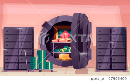 Bank vault door. Opened safe storage with money cash gold ingots inside, cartoon flat deposit box with locker for financial concept. Vector illustration 97996400