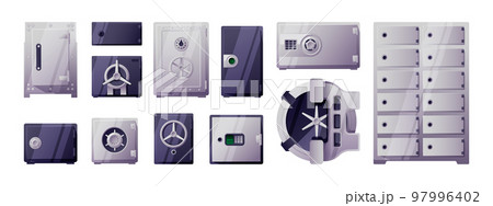 Bank safe set. Cartoon money storage with lock code and security password, secure cash container, flat equipment banking savings systems. Vector collection 97996402