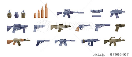 Pistol weapon. Cartoon bullet barrel gun classic revolver tactical shotgun, battle firearm with military accessories. Vector isolated set 97996407