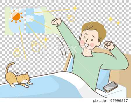 一個早上醒來和他的貓一起伸懶腰的年輕人 97996817