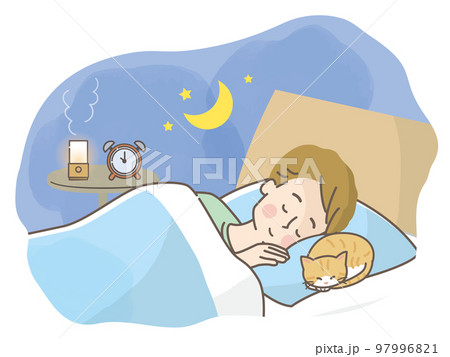猫と一緒にベットでぐっすり眠る男性のイラスト素材 97996821