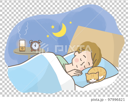 猫と一緒にベットでぐっすり眠る男性のイラスト素材 97996821