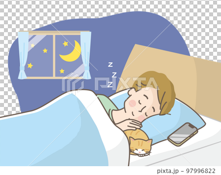 猫と一緒にベットでぐっすり眠る男性のイラスト素材 猫と一緒にベットでぐっすり眠る男性のイラスト素材 97996822