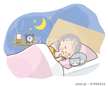猫と一緒にベットでぐっすり眠るシニア女性のイラスト素材 97996828