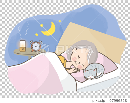 Illustration material of a senior woman sleeping soundly in bed with a cat 97996828