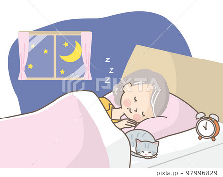 猫と一緒にベットでぐっすり眠るシニア女性のイラスト素材 97996829