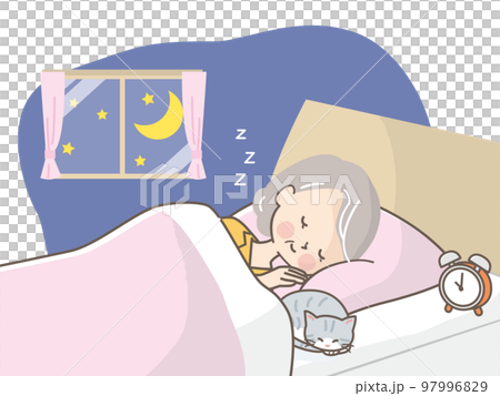 Illustration material of a senior woman sleeping soundly in bed with a cat 97996829