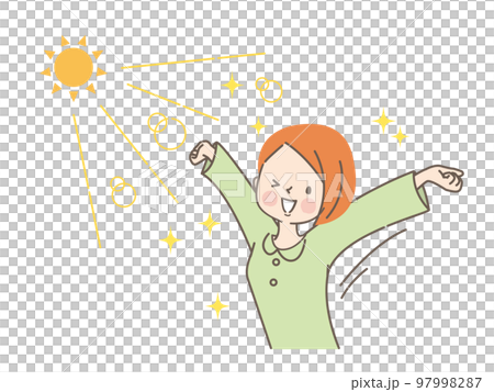 太陽の光を浴びながら伸びをする若い女性 97998287