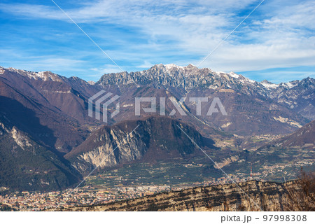 Aerial view of Riva del Garda and Alps - Trentino Alto Adige Italy 97998308