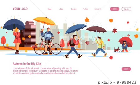 Autumn in city landing. Urban weather app page. People with umbrellas walking or cycling in rain. Running couple. Child with pet. Autumnal season rainfall. Vector illustration website design template Autumn in city landing. Urban weather app page. People with umbrellas walking or cycling in rain. Running couple. Child with pet. Autumnal season rainfall. Vector illustration website design template 97998423
