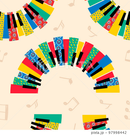 Pop art piano music pattern. Spring or summer jazz festival. Fun geometric motif. Cool endless pianoforte key texture. Colorful abstract semicircles. Musical notes. Vector seamless current background Pop art piano music pattern. Spring or summer jazz festival. Fun geometric motif. Cool endless pianoforte key texture. Colorful abstract semicircles. Musical notes. Vector seamless current background 97998442