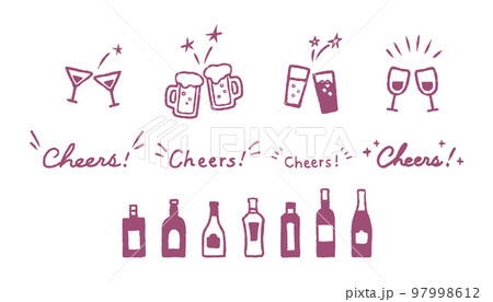 乾杯　ワイングラス　ジョッキ　カクテル　シンプルでかわいい手描きの装飾イラストセット 97998612