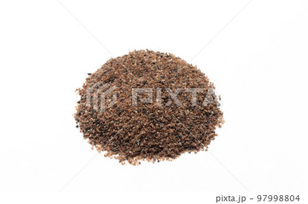 isolated himalayan black salt, Kala Namak, cooling spice ayurvedic Indian Asian cuisine, healthy food. Kiln-fired rock salt with a sulphurous, pungent smell.White background. Top view, horizontal 97998804