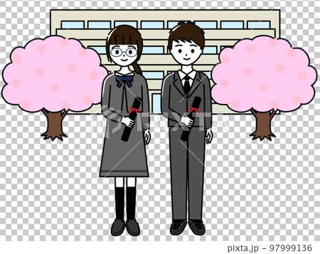 A set of boys and girls holding a diploma tube in front of the school building at the elementary school graduation ceremony 97999136