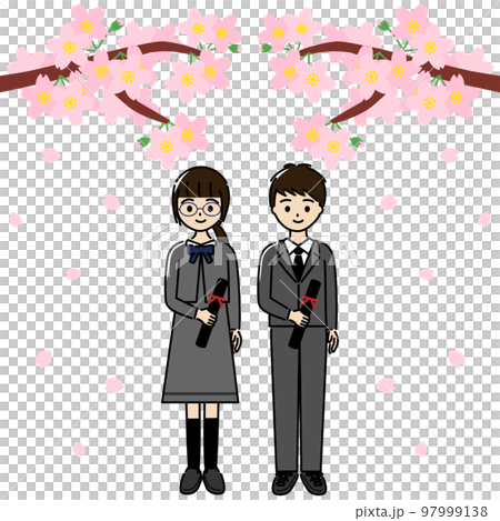 A set of boys and girls holding a diploma tube under a cherry tree at an elementary school graduation ceremony 97999138