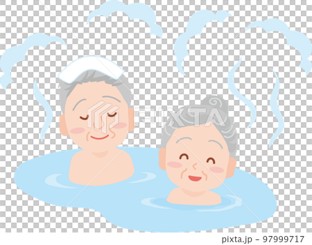 温泉に浸かる人_混浴_高齢男女 97999717