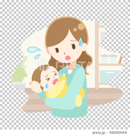 Illustration of a mother holding a crying baby Illustration of a mother holding a crying baby 98000048