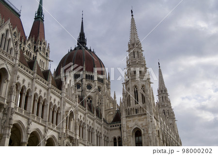 BUDAPEST, HUNGARY - 03 MAR 2019: Exterior view of the Parliament building of Hungary on the Danube. The Hungarian Parliament, richly decorated inside and out, was designed in the neo-Gothic style, but 98000202